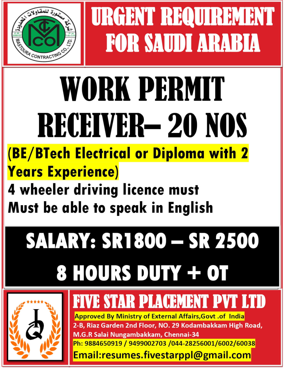 URGENT REQUIREMENT FOR SAUDI ARABIA