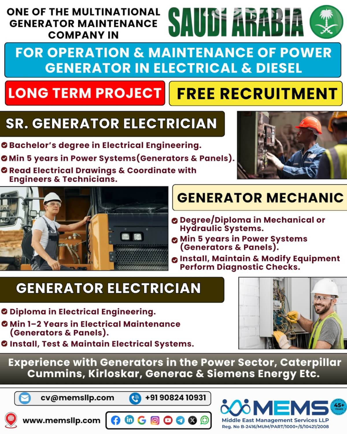 We are hiring for Operation & Maintenance of Power Generator in Electrical & Diesel in Saudi Arabia