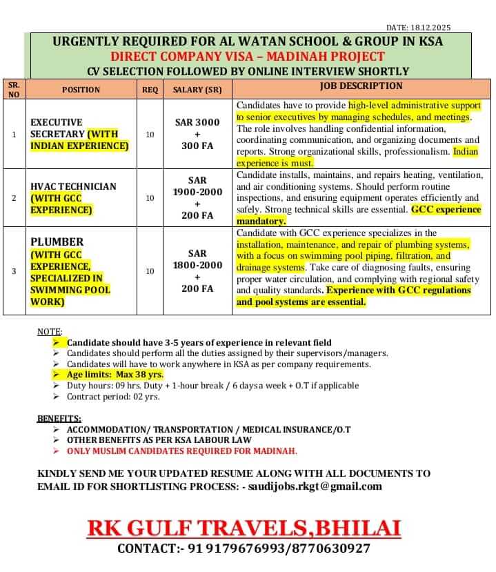 HIRING FOR A AL WATAN SCHOOLS & GROUP - MADINAH - KSA.