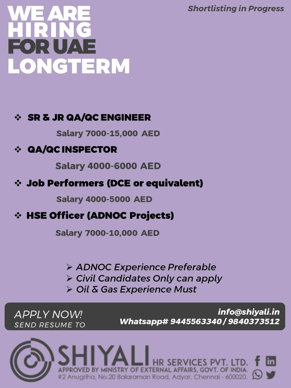 QAQC ENGINEER / INSPECTOR / JOB PERFORMER / HSE OFFICER