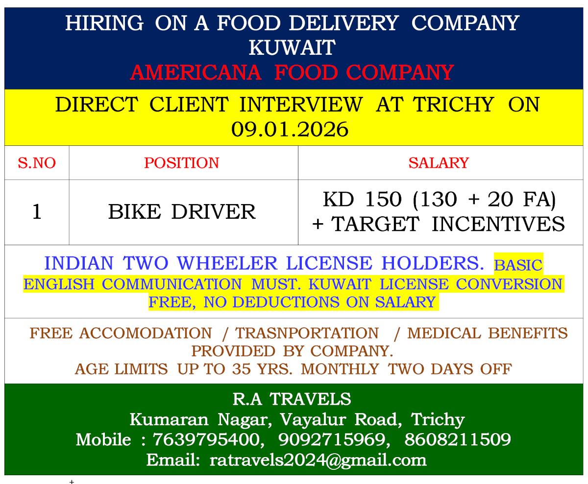 HIRING ON A FOOD DELIVERY COMPANY   KUWAIT AMERICANA FOOD COMPANY