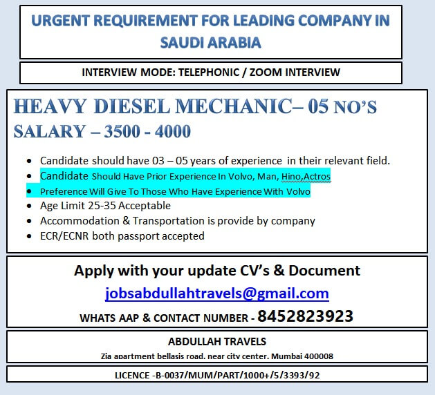 URGENT REQUIREMENT FOR LEADING COMPANY IN SAUDI ARABIA