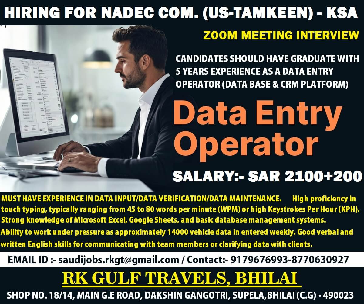 HIRING FOR A NADEC COMPANY - UNDER SPONSERSHIP TAMKEEN - KSA HIRING FOR A NADEC COMPANY - UNDER SPONSERSHIP TAMKEEN - KSA