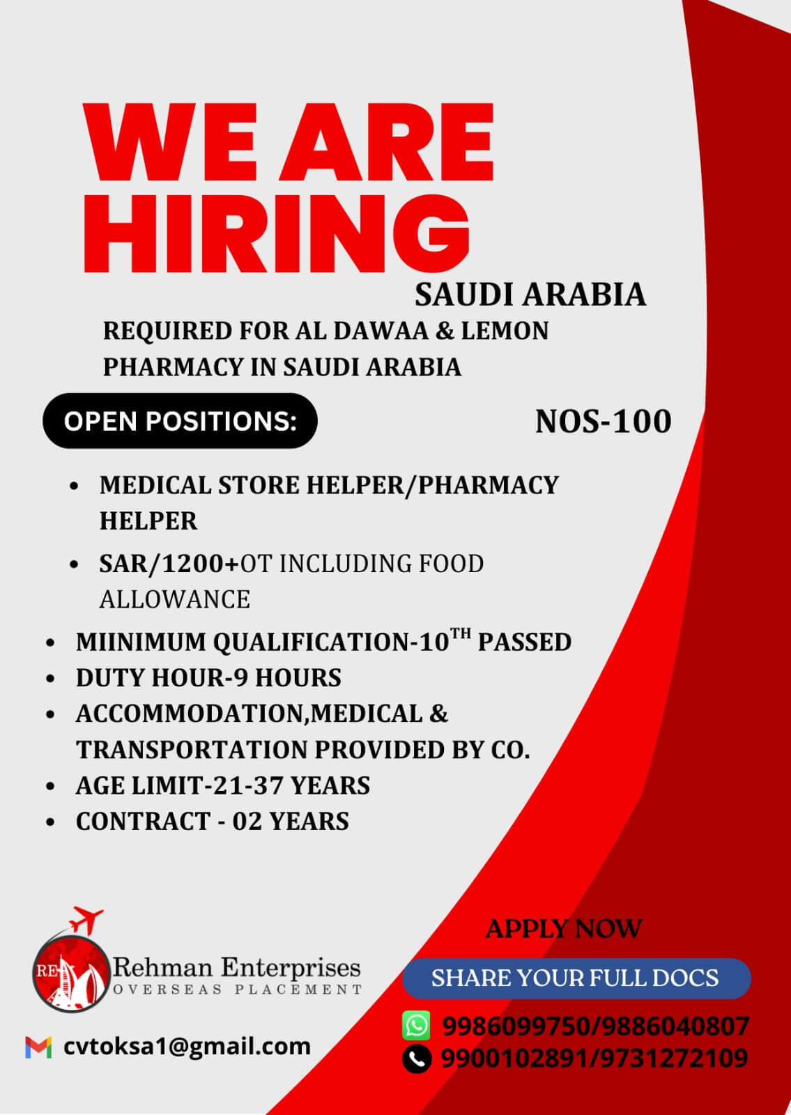 HIRING FOR AL DAWAA & LEMON PHARMACY IN SAUDI ARABIA