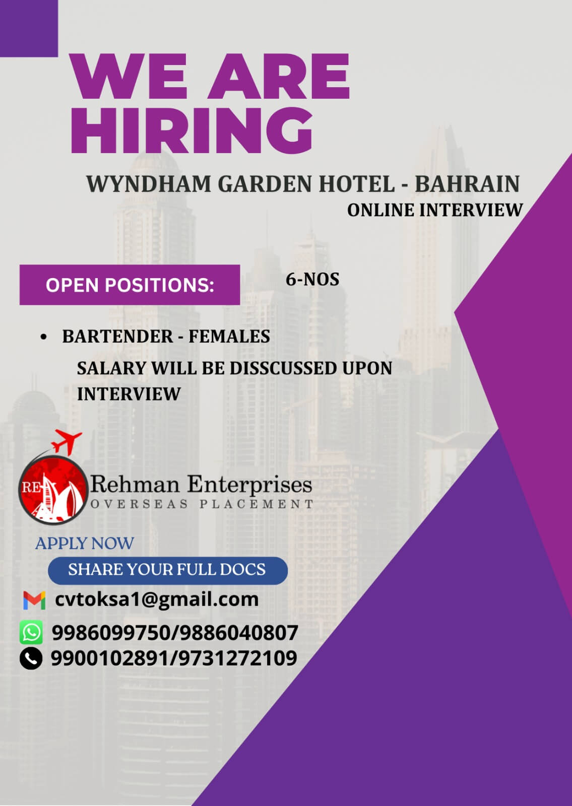 HIRING FOR WYNDHAM GARDEN HOTEL IN BAHRAIN