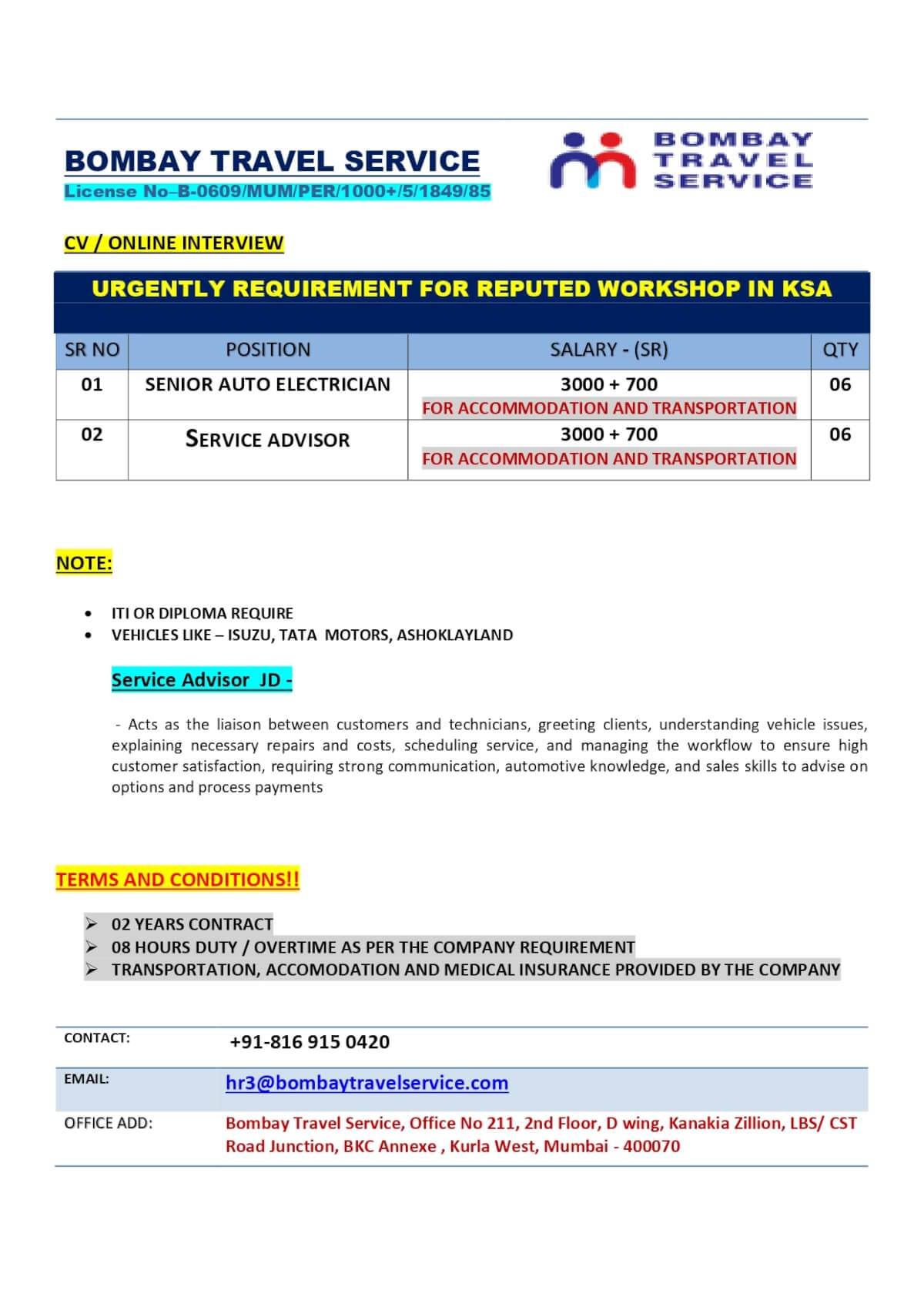 Urgently Required for ksa reputed co. Urgently Required for ksa reputed co.