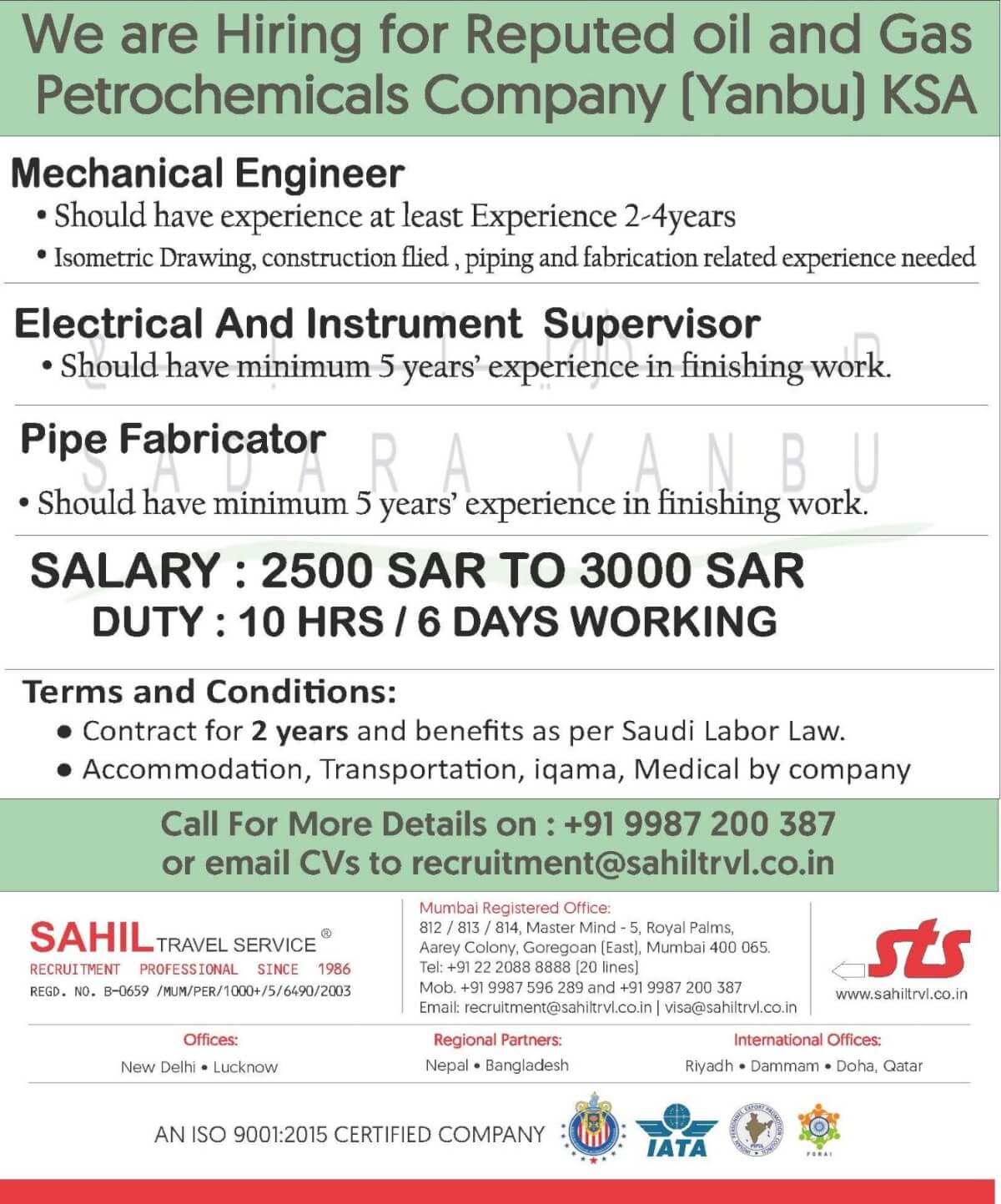 HIRING FOR REPUTED OIL AND GAS PETROCHEMICALS COMPANY (YANBU )KSA