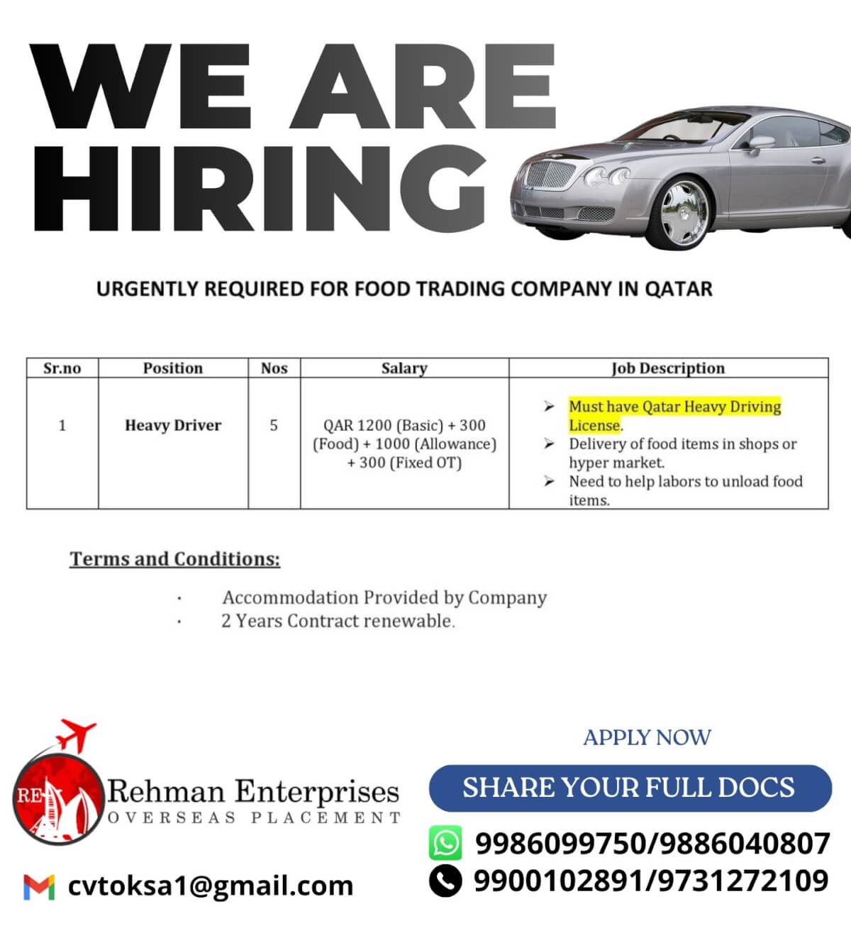 URGENT REQUIRED FOR FOOD TRADING COMPANY IN QATAR