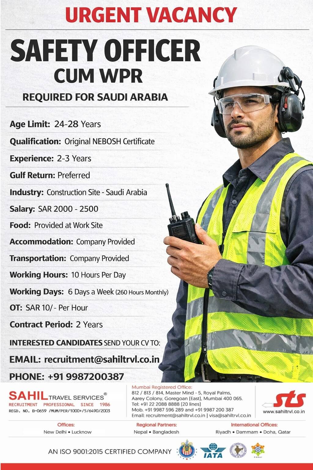 UREGENTLY HIRING FOR SAFETY OFFICER FOR SAUDI ARABIA