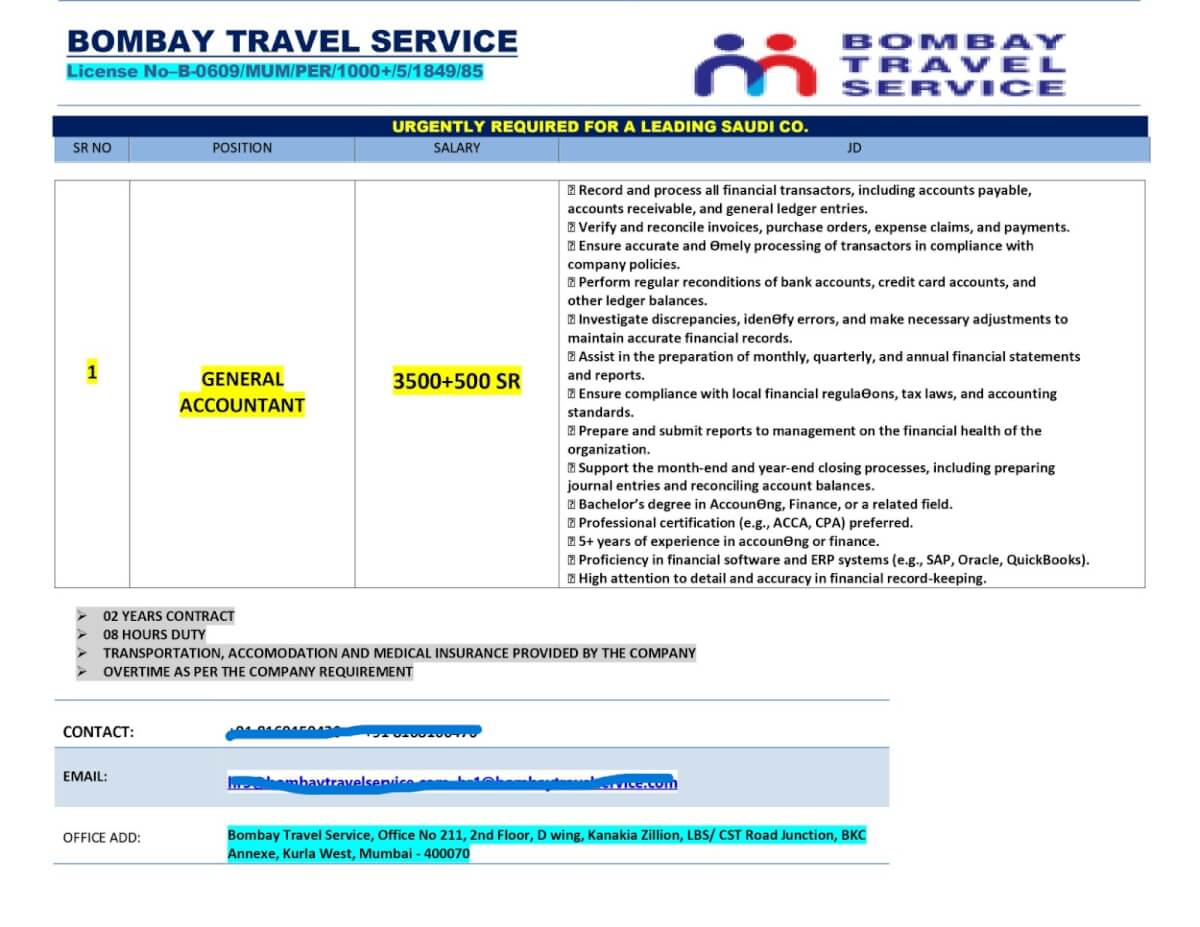 URGENTLY HIRING GENERLA ACCOUNTANT FOR AL MOALLAM CO. SAUDI ARABIA