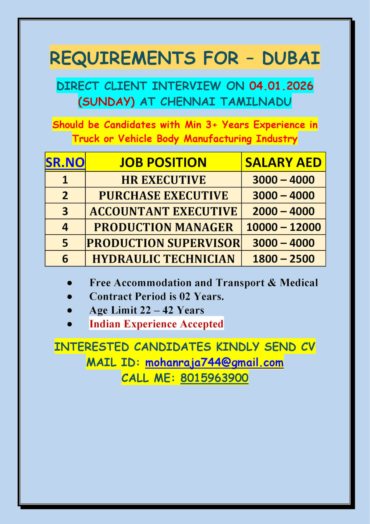 REQUIREMENTS FOR – DUBAI DIRECT CLIENT INTERVIEW ON 04.01.2026 (SUNDAY) AT CHENNAI TAMILNADU REQUIREMENTS FOR – DUBAI DIRECT CLIENT INTERVIEW ON 04.01.2026 (SUNDAY) AT CHENNAI TAMILNADU
