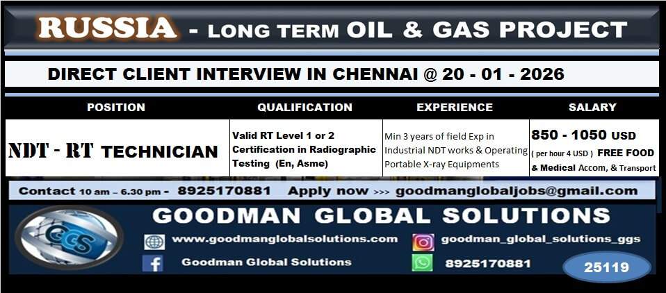 RUSSIA LONG TERM OIL & GAS PROJECT  DIRECT CLIENT INTERVIEW IN CHENNAI - 20 /01/2026