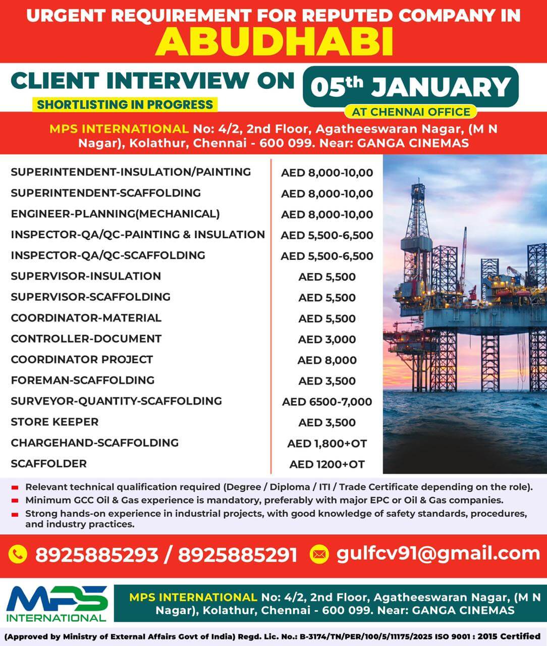 URGENT REQUIREMENT FOR REPUTED COMPANY IN ABU DHABI CLIENT INTERVIEW IN CHENNAI O 05.01.2026