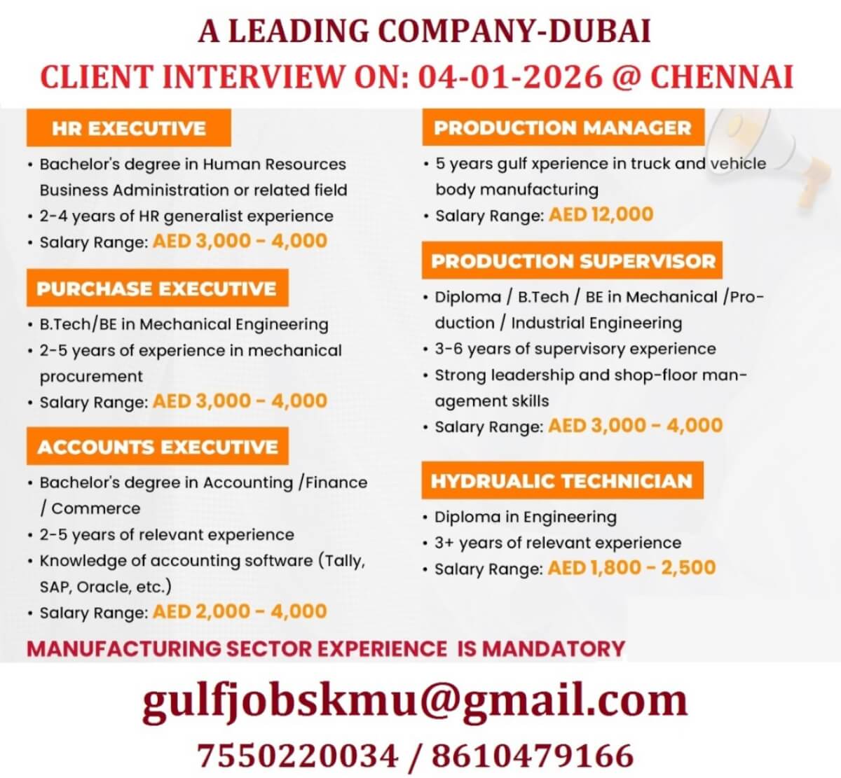 REQUIREMENT FOR DUBAI