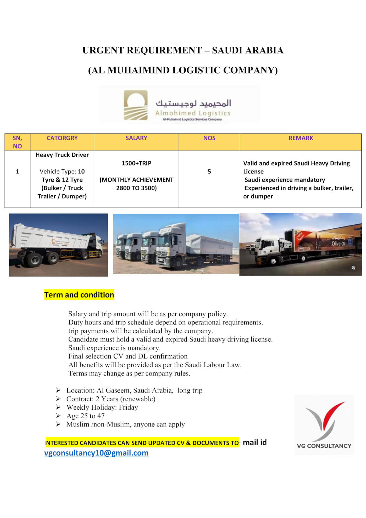 URGENT REQUIREMENT FOR SAUDI ARABIA TRANSPORT COMPANY