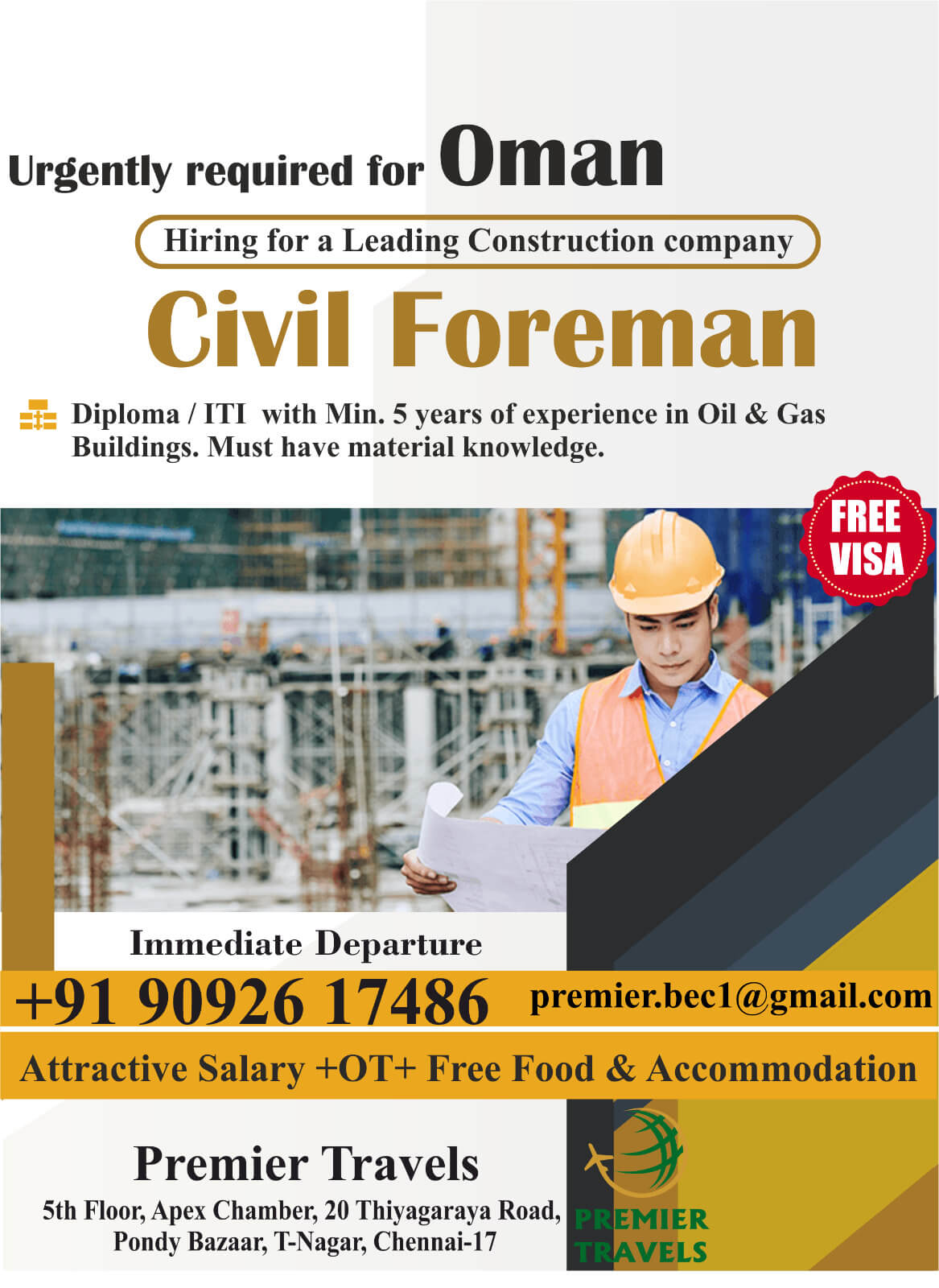 Urgently requirement for Civil foreman Urgently requirement for Civil foreman