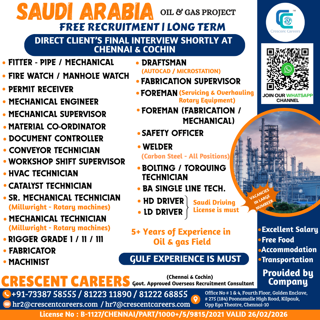 FREE RECRUITMENT FOR SAUDI ARABIA