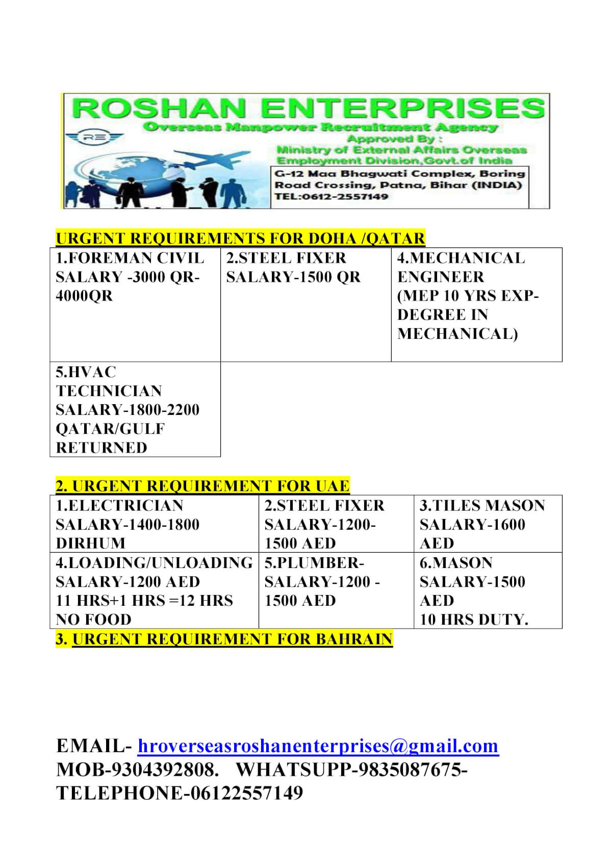 Urgent requirement foR GCC COUNTRIES Urgent requirement foR GCC COUNTRIES