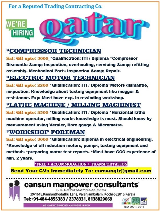 Urgently Required for Qatar Urgently Required for Qatar