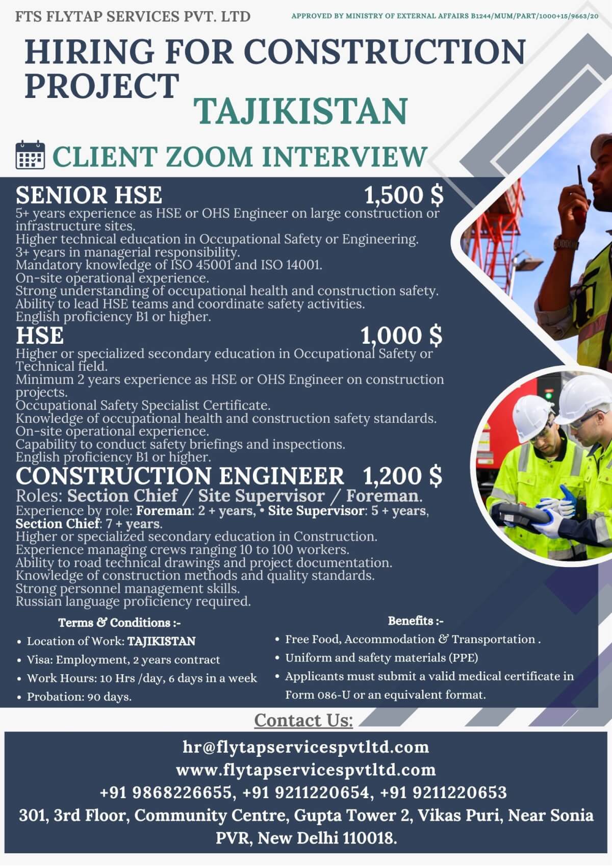 HIRING FOR CONSTRUCTION PROJECTS – TAJIKISTAN