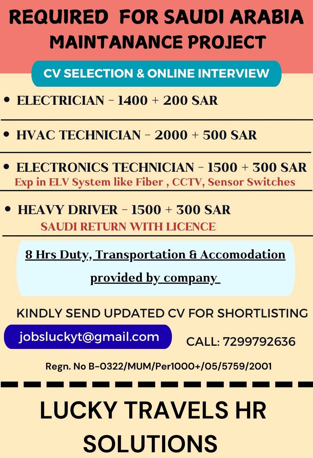 Urgently Required for Maintenance Project for Saudi Arabia / CV Selection & Online Interview / contact for further details on 7299792636