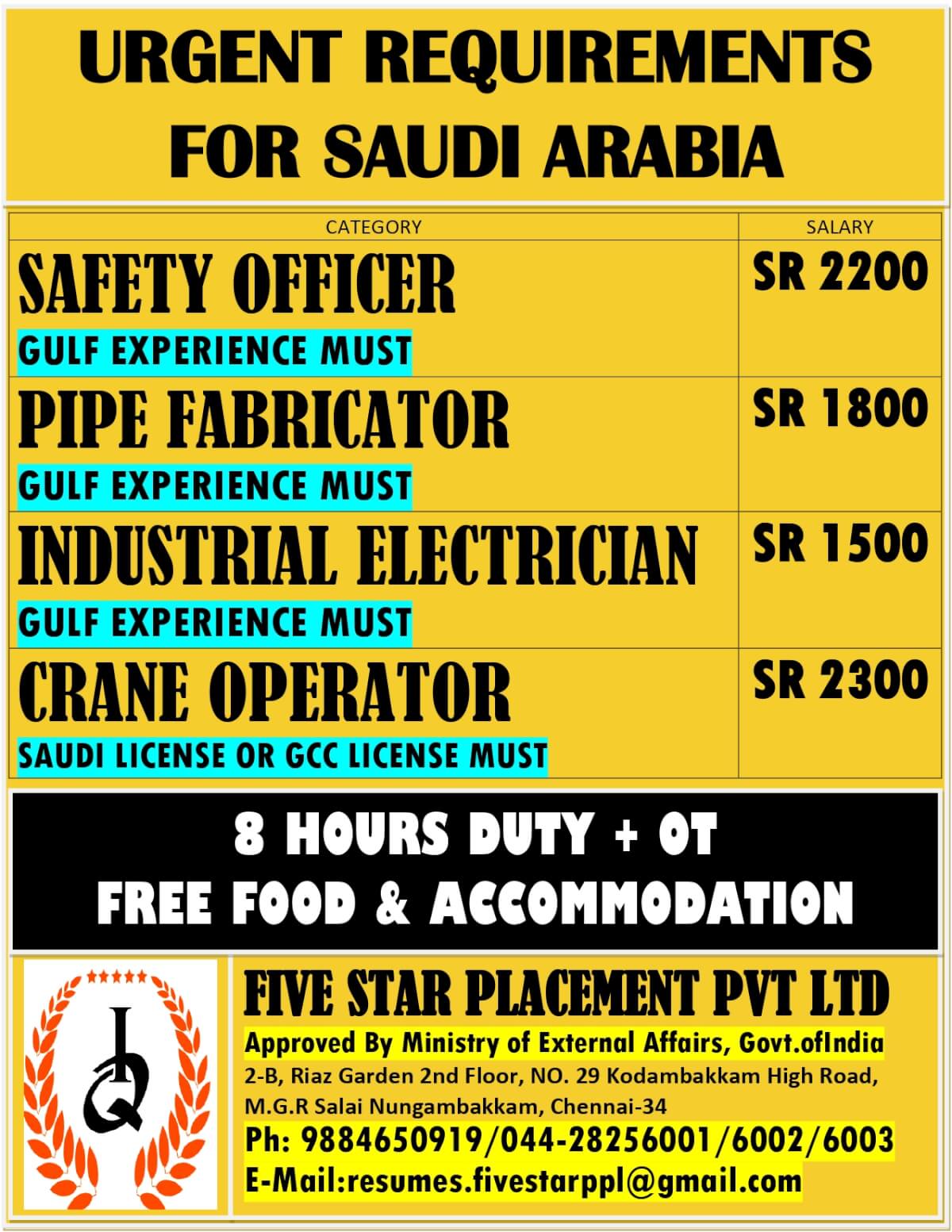 URGENT REQUIREMENT FOR SAUDI ARABIA