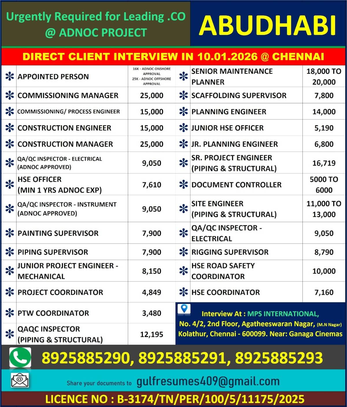 Urgently Required for Leading Co. @ ADNOC PROJECT ABU DHABI DIRECT CLIENT INTERVIEW ON 10.01.2026 @ CHENNAI Urgently Required for Leading Co. @ ADNOC PROJECT ABU DHABI DIRECT CLIENT INTERVIEW ON 10.01.2026 @ CHENNAI