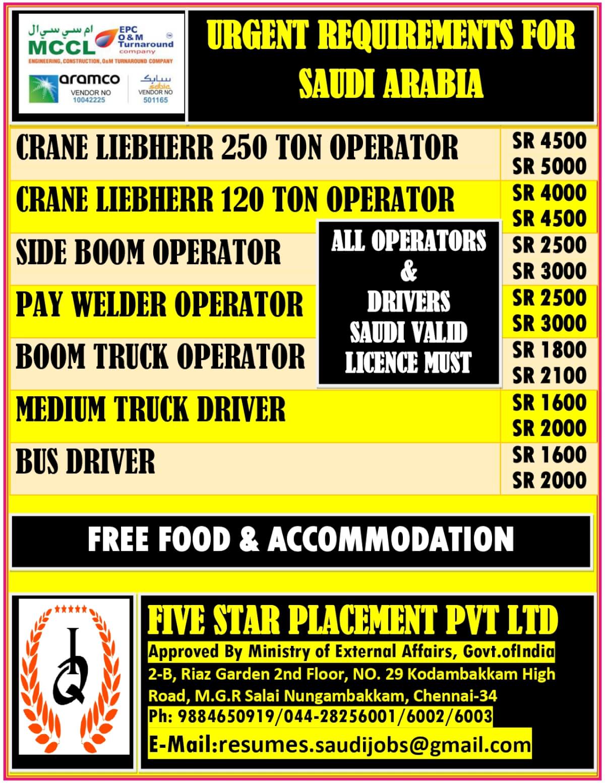 URGENT REQUIREMENT FOR SAUDI ARABIA