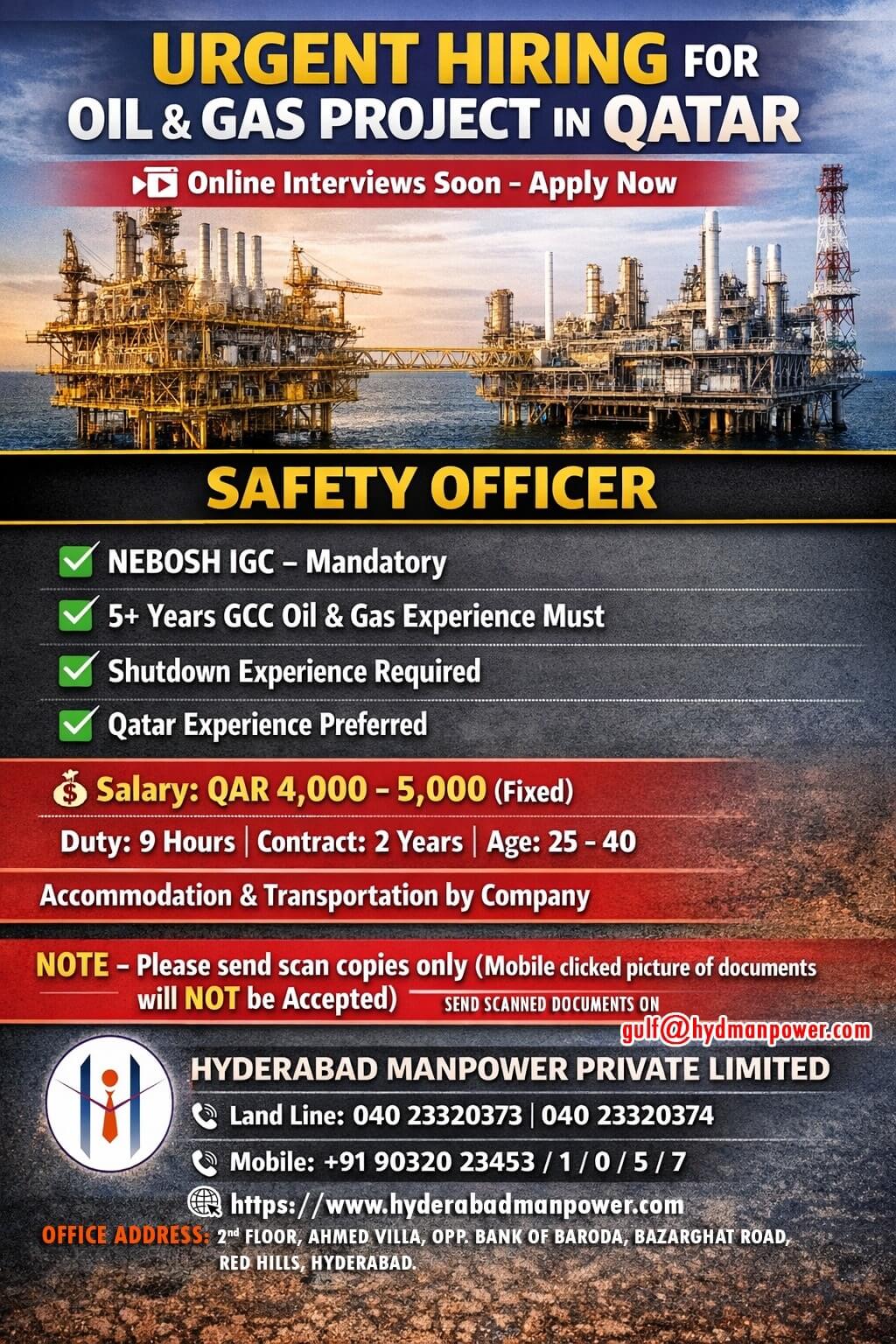 Urgent Hiring SAFETY OFFICER for Oil and Gas Project in Qatar