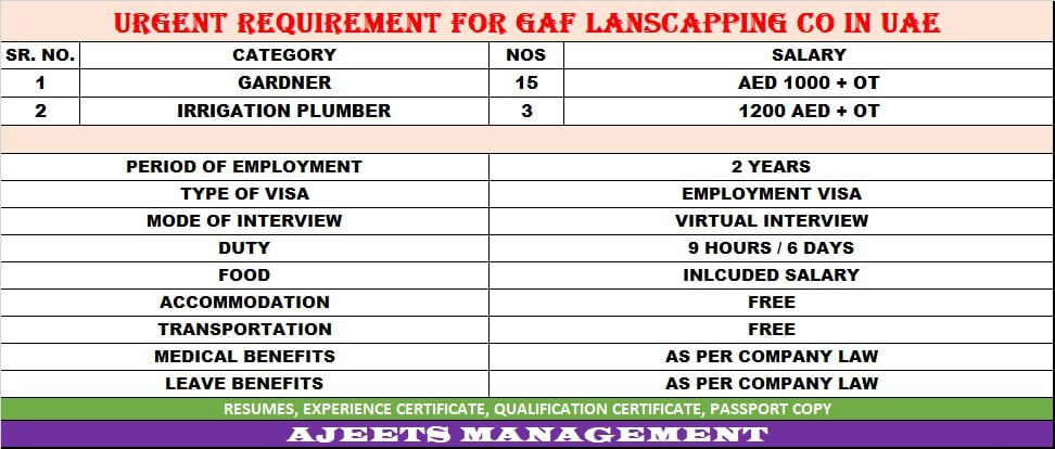 We have urgent Opening for Gaf lanscapping Company in UAE long Term Project