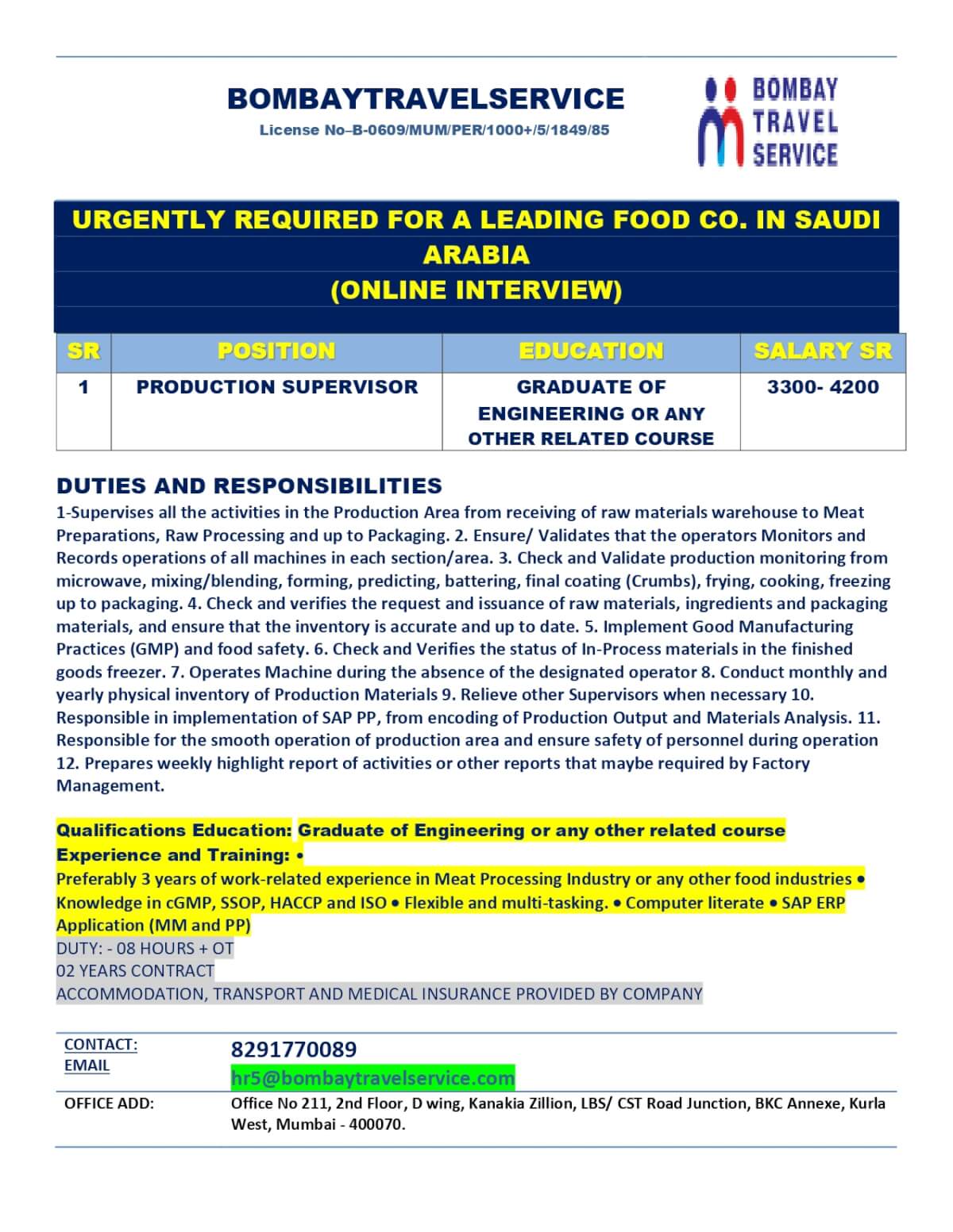 URGENTLY HIRING PRODUCTUION ENGINEER FOR SAUDI ARABIA ( FOOD CO.)