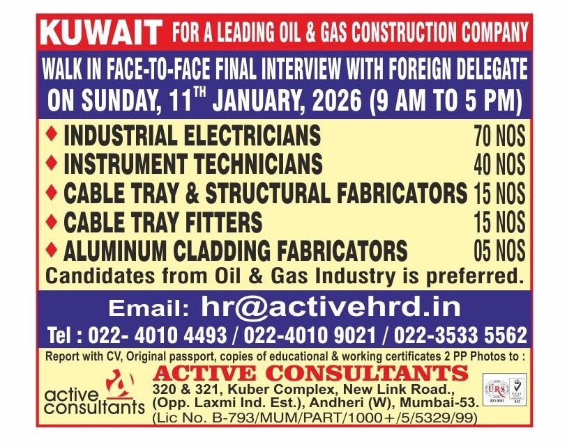 Urgent requirment leading Oil  & Gas Construction Company in Kuwait  - Walk in Interview in Mumbai on Sunday 11 JAN 2026 from 09 AM to 05 PM (Client Interview)