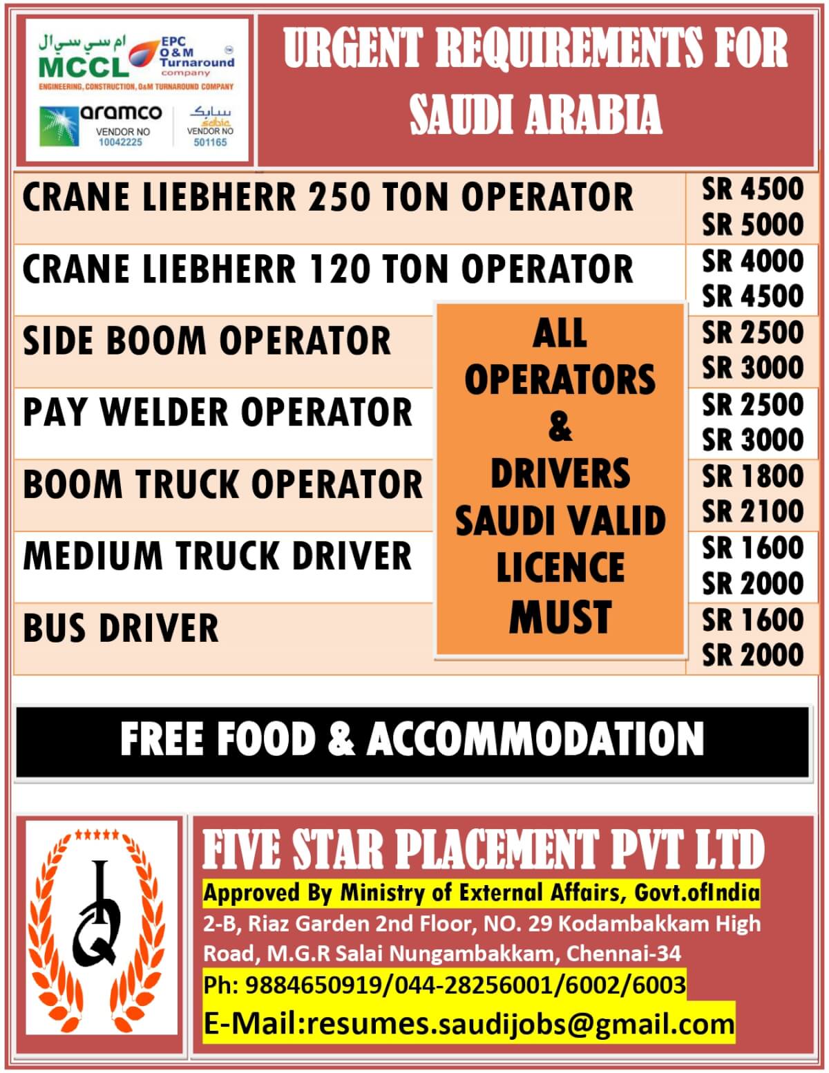 URGENT REQUIREMENT FOR SAUDI ARABIA