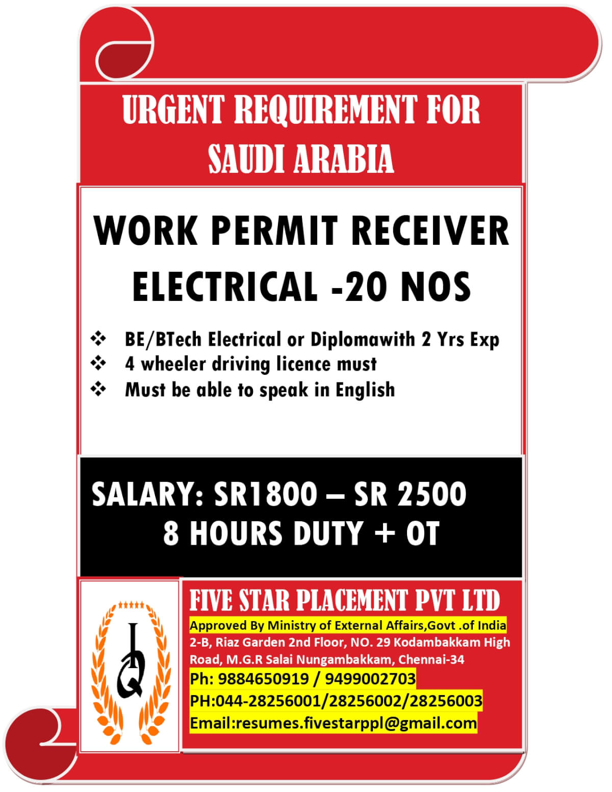 URGENT REQUIREMENT FOR SAUDI ARABIA