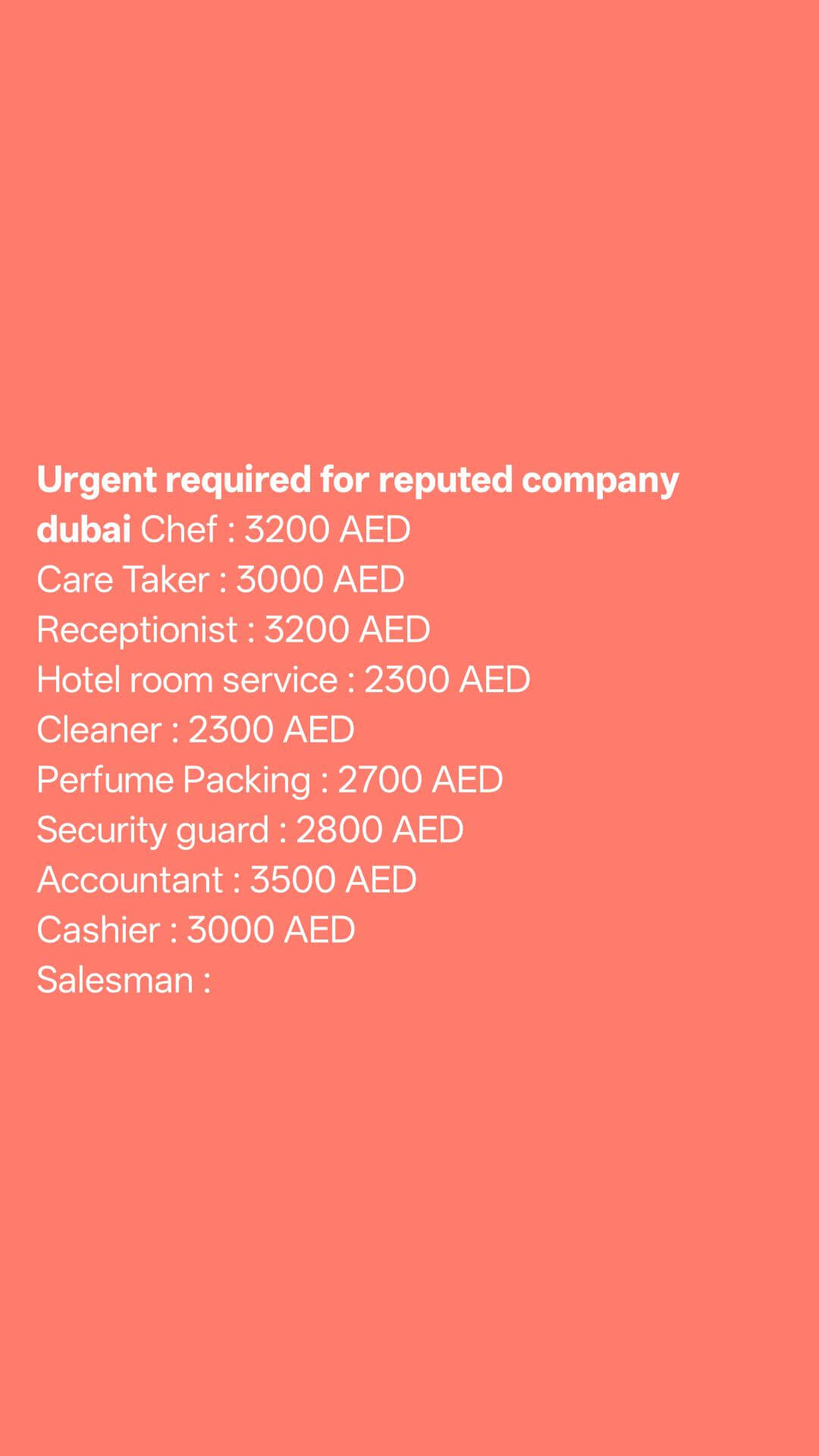 Urgent required for reputed company dubai