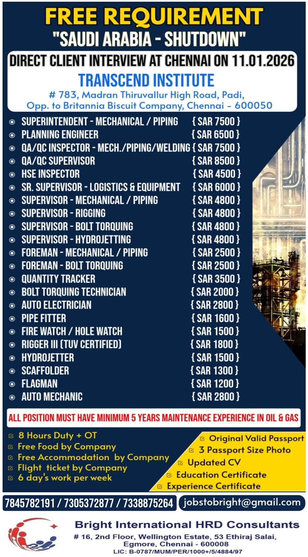 FREE REQUIREMENT - SAUDI ARABIA (SHORT TERM REQUIREMENT)