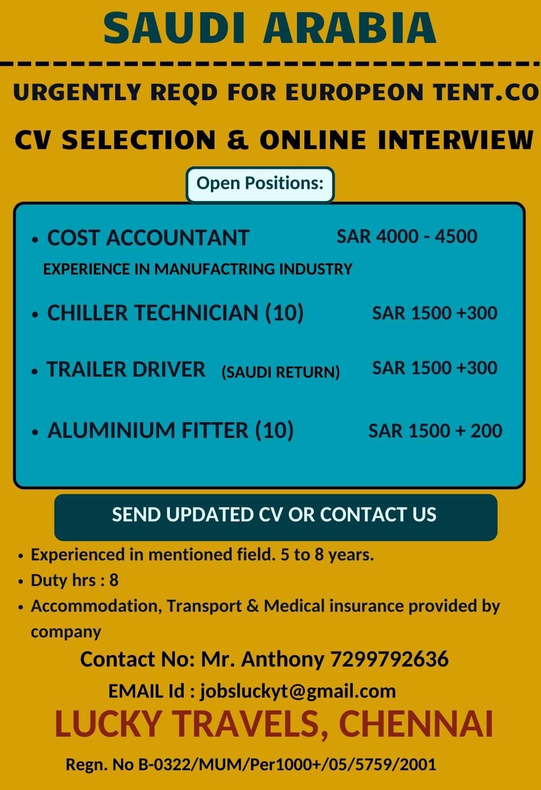 Urgently Hiring for Saudi European Tent Company / CV Selection & ONline Interview/ Contact on 7299792636