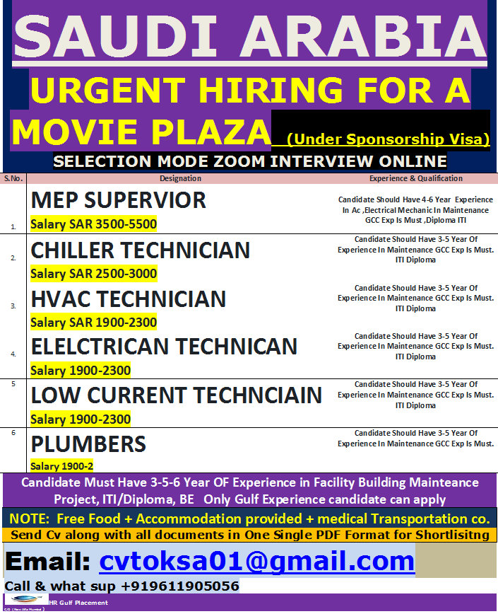 SAUDI ARABIA   URGENT HIRING FOR A MOVIE PLAZA   (Under Sponsorship Visa)  SELECTION MODE ZOOM INTERVIEW ONLINE