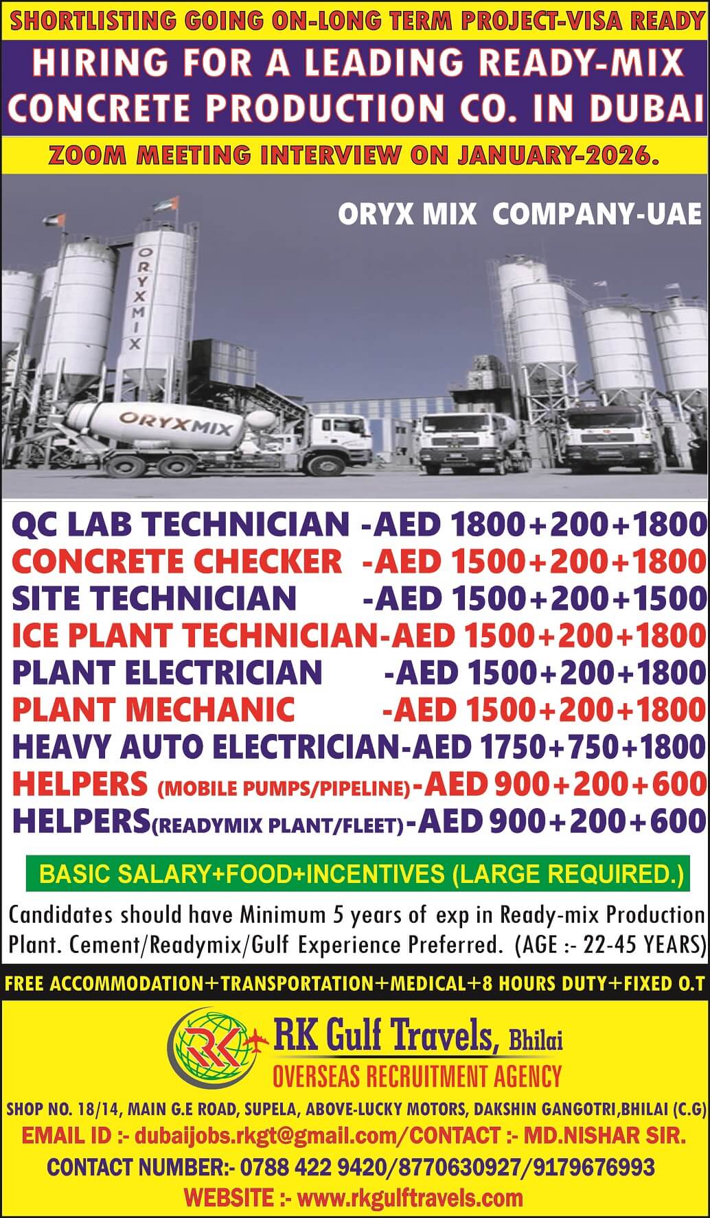 HIRING FOR A ORYX MIX CONCRETE MANUFACTURING COMPANY - UAE