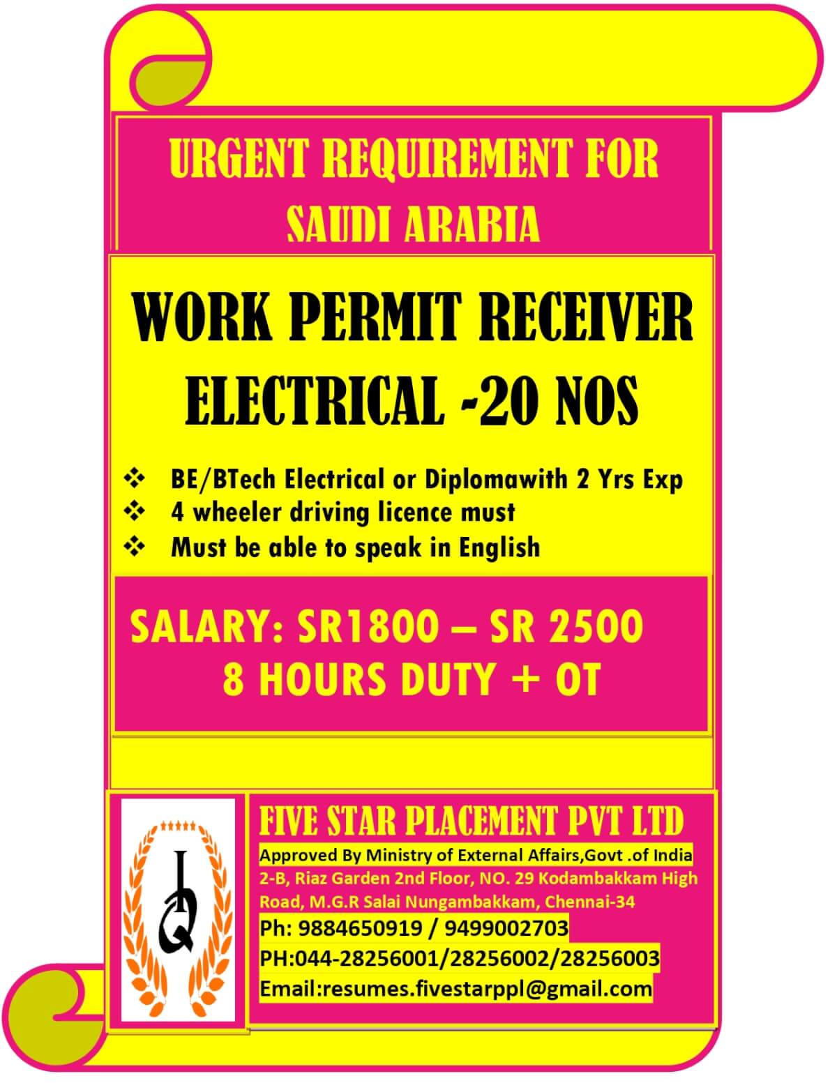 URGENT REQUIREMENT FOR SAUDI ARABIA