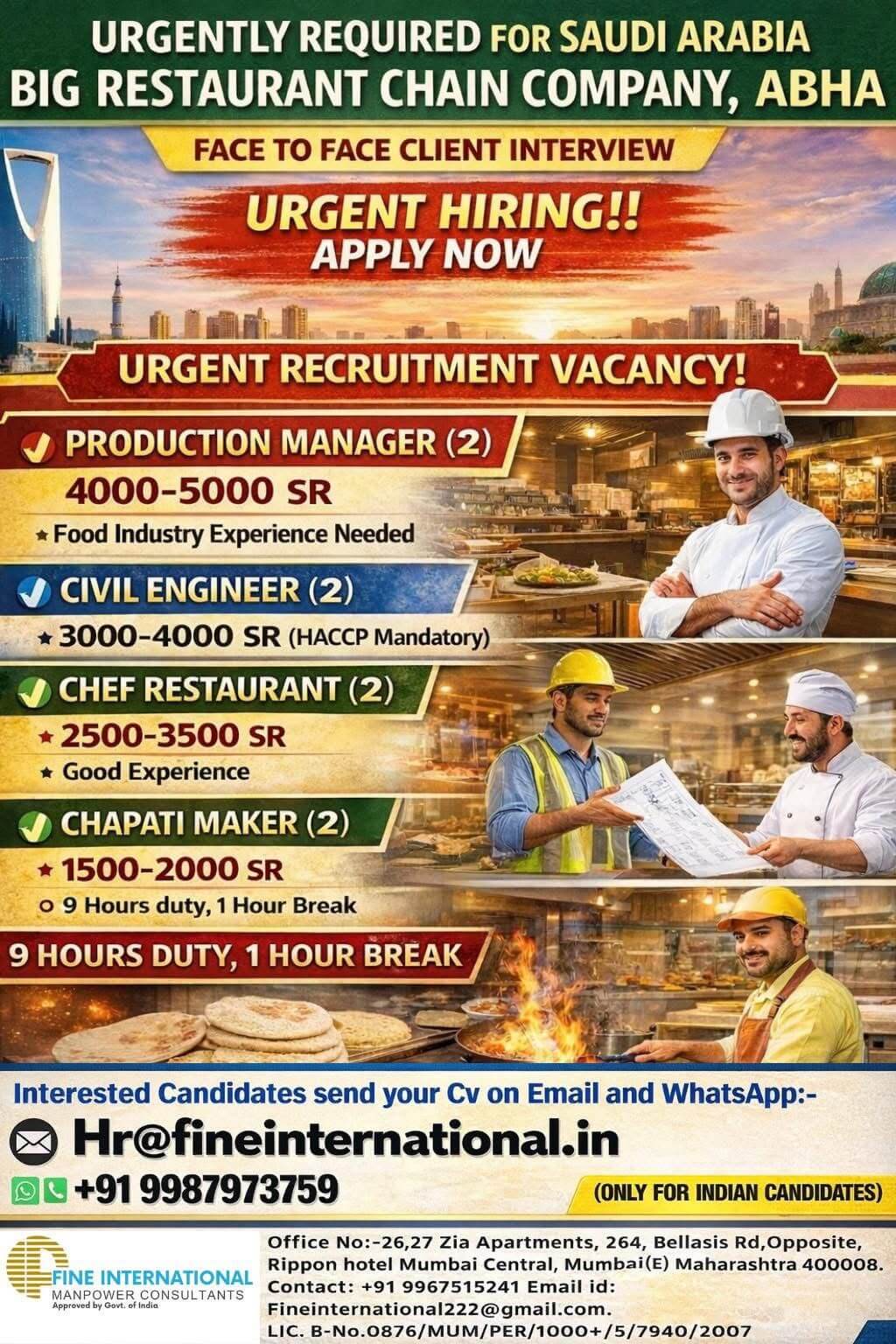 URGENTLY REQUIRED FOR SAUDI ARABIA BIG COMPANY , ABHA  FACE TO FACE CLIENT INTERVIEW