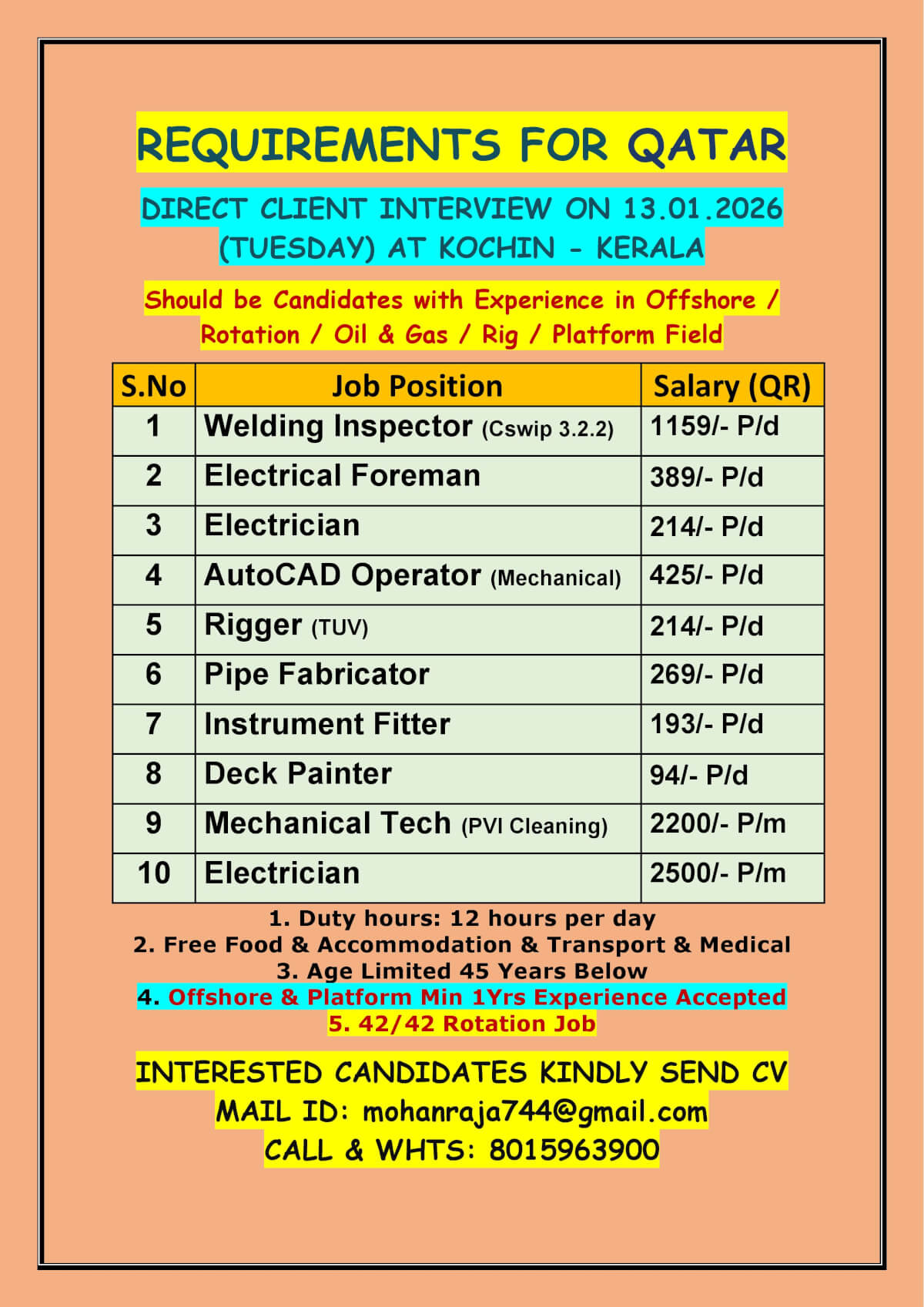 REQUIREMENTS FOR QATAR - DIRECT CLIENT INTERVIEW ON 13.01.2026 (TUESDAY) AT KOCHIN - KERALA