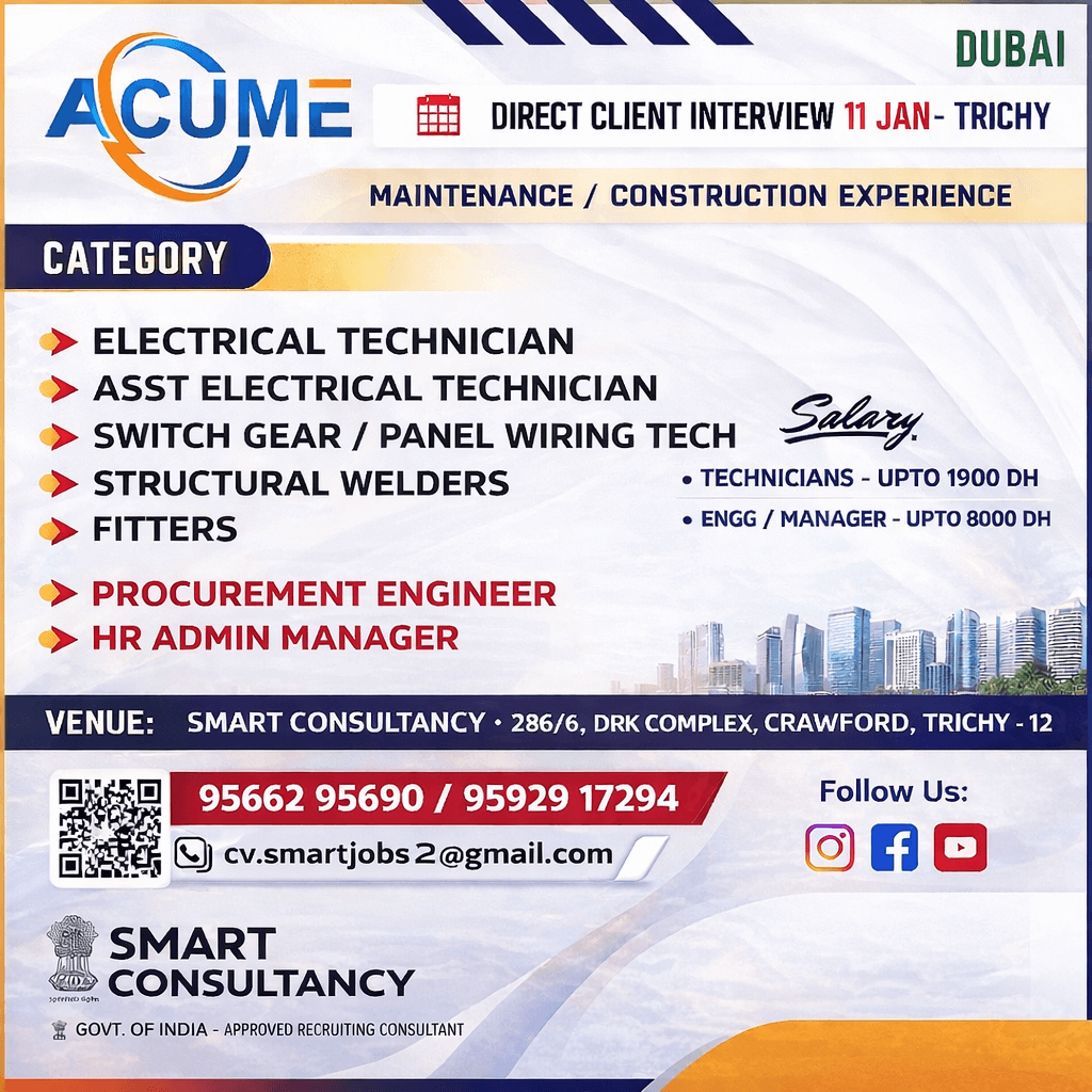 WANTED FOR A LEADING ENGINEERING COMPANY (DUBAI) DIRECT CLIENT INTERVIEW ON 11 JAN - TRICHY WANTED FOR A LEADING ENGINEERING COMPANY (DUBAI) DIRECT CLIENT INTERVIEW ON 11 JAN - TRICHY
