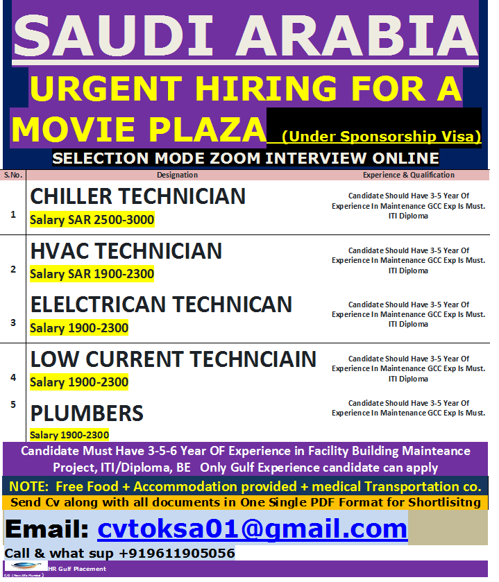 SAUDI ARABIA   URGENT HIRING FOR A MOVIE PLAZA   (Under Sponsorship Visa)  SELECTION MODE ZOOM INTERVIEW ONLINE