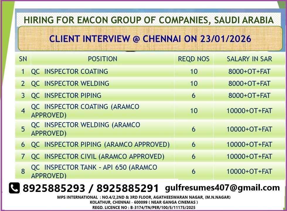 HIRING FOR EMCON GROUP OF COMPANIES – SAUDI ARABIA CLIENT INTERVIEW @ CHENNAI ON 23/01/2026 HIRING FOR EMCON GROUP OF COMPANIES – SAUDI ARABIA CLIENT INTERVIEW @ CHENNAI ON 23/01/2026