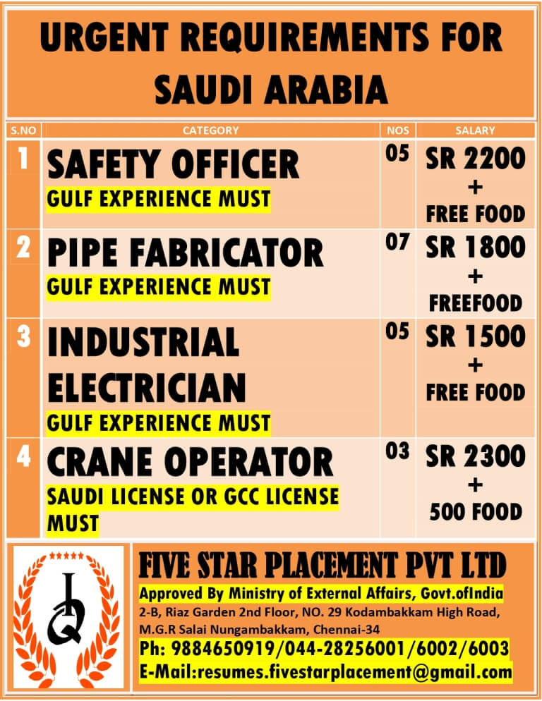 URGENT REQUIREMENT FOR SAUDI ARABIA