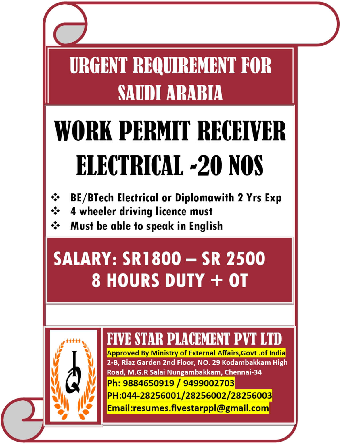 URGENT REQUIREMENT FOR SAUDI ARABIA