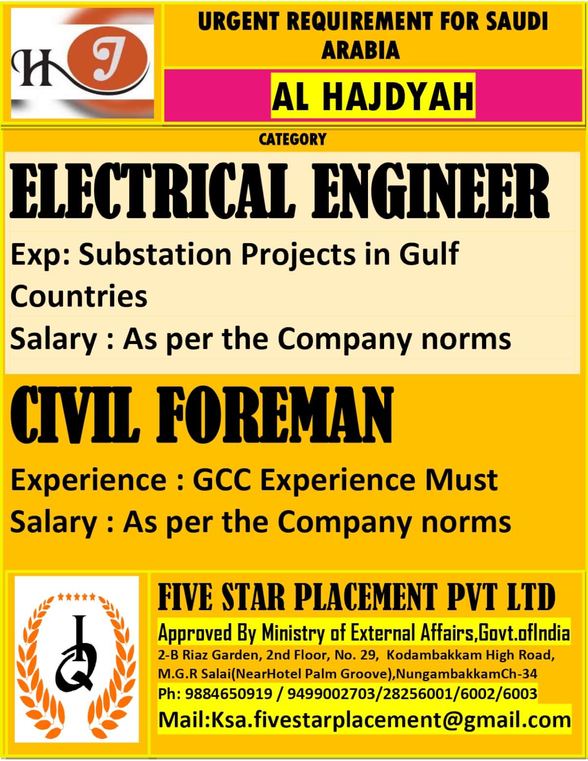 URGENT REQUIREMENT FOR SAUDI ARABIA