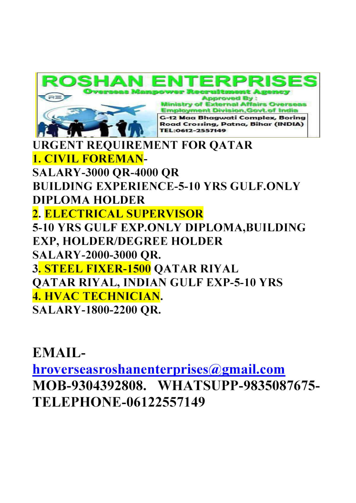 Urgent requirement for doha qatar