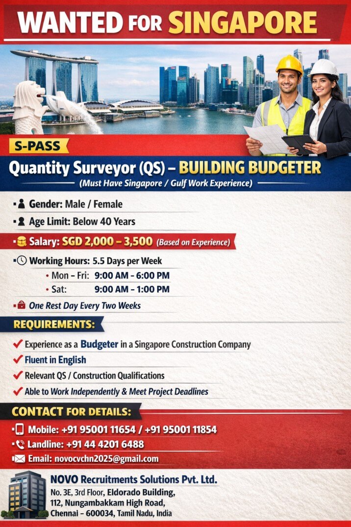 Quantity Surveyor (QS) – Building Budgeter (Must have Singapore / Gulf work experience) Quantity Surveyor (QS) – Building Budgeter (Must have Singapore / Gulf work experience)